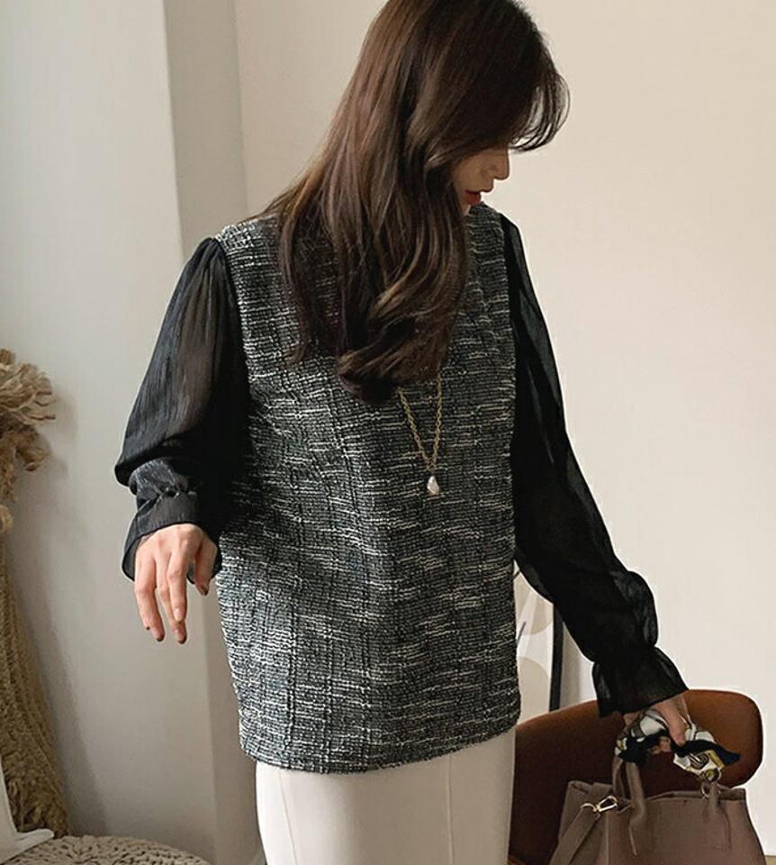 シアースリーブツイードブラウス・全4色・t66947 レディース 【bl】【トップス ブラウス ツイード 透け感 シアー シースルー 袖コンシャス 長袖 フェミニン 大人 きれいめ 秋 冬 韓国 ファッション】【ハイホリHIHOLLI】