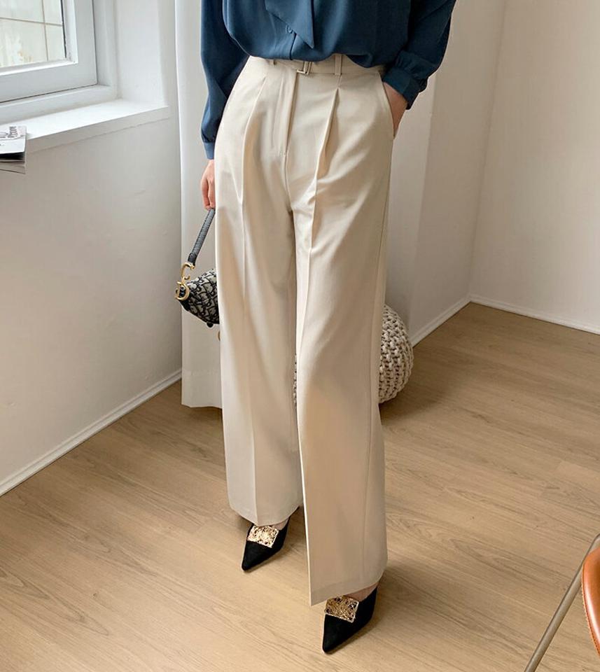 ベルト付ワイドスラックス・全2色・b66961 レディース 【pt】【スラックス パンツ ズボン ロングパンツ ワイドスラックス ワイドパンツ 単色 無地 シンプル 大人 オフィスカジュアル 秋 冬 韓国 ファッション】【ハイホリHIHOLLI】