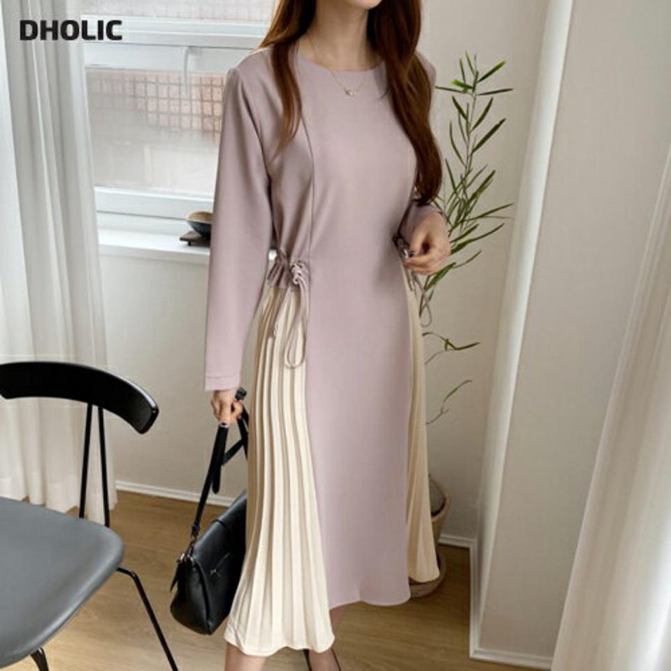 ドロストサイドプリーツワンピース・全2色・b66949 レディース 【ops】【ワンピース ロング ロングワンピース 長袖 プリーツ プリーツワンピース 長袖 ドロスト フェミニン かわいい 秋 冬 韓国 ファッション】【ハイホリHIHOLLI】