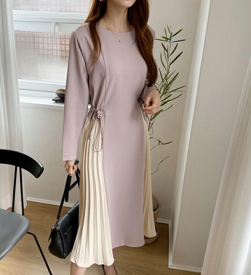 ドロストサイドプリーツワンピース・全2色・b66949 レディース 【ops】【ワンピース ロング ロングワンピース 長袖 プリーツ プリーツワンピース 長袖 ドロスト フェミニン かわいい 秋 冬 韓国 ファッション】【ハイホリHIHOLLI】