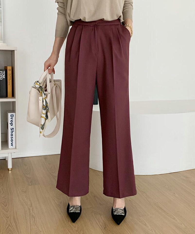 バックゴムタックスラックス・全5色・t66960 レディース 【pt】【スラックス パンツ ズボン ロングパンツ タック 単色 無地 シンプル 大人 ベーシック オフィスカジュアル 秋 冬 韓国 ファッション】【ハイホリHIHOLLI】