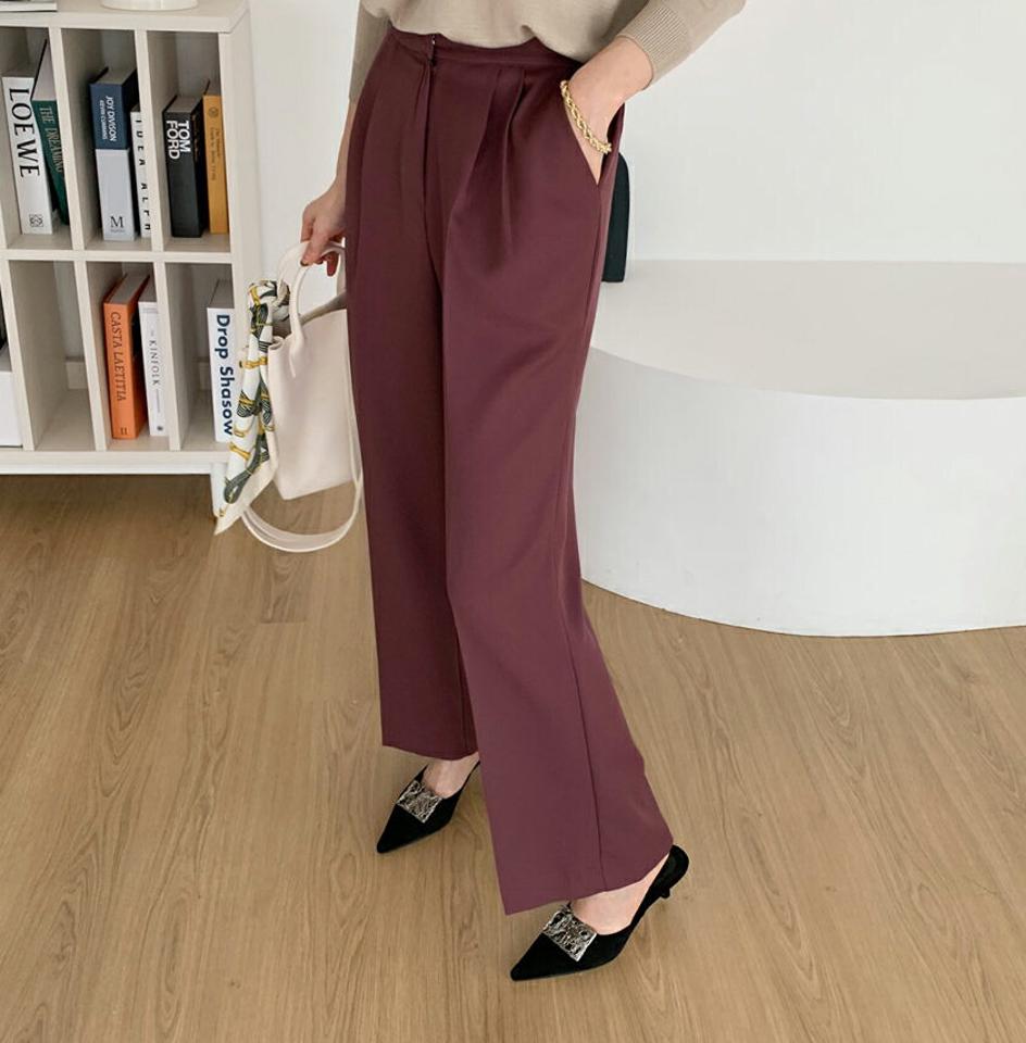 バックゴムタックスラックス・全5色・t66960 レディース 【pt】【スラックス パンツ ズボン ロングパンツ タック 単色 無地 シンプル 大人 ベーシック オフィスカジュアル 秋 冬 韓国 ファッション】【ハイホリHIHOLLI】