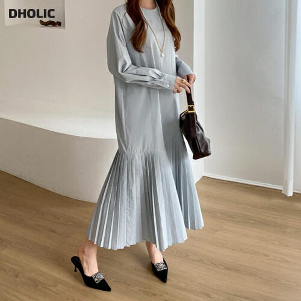 【只今10%OFF】【送料無料】ロングプリーツヘムワンピース・全2色・t66957 レディース 【ops】【ワンピース ロング ロングワンピース 長袖 プリーツワンピース プリーツ 単色 無地 シンプル フェミニン 揺れ感 体型カバー 秋 冬 韓国 ファッション】【ハイホリHIHOLLI】