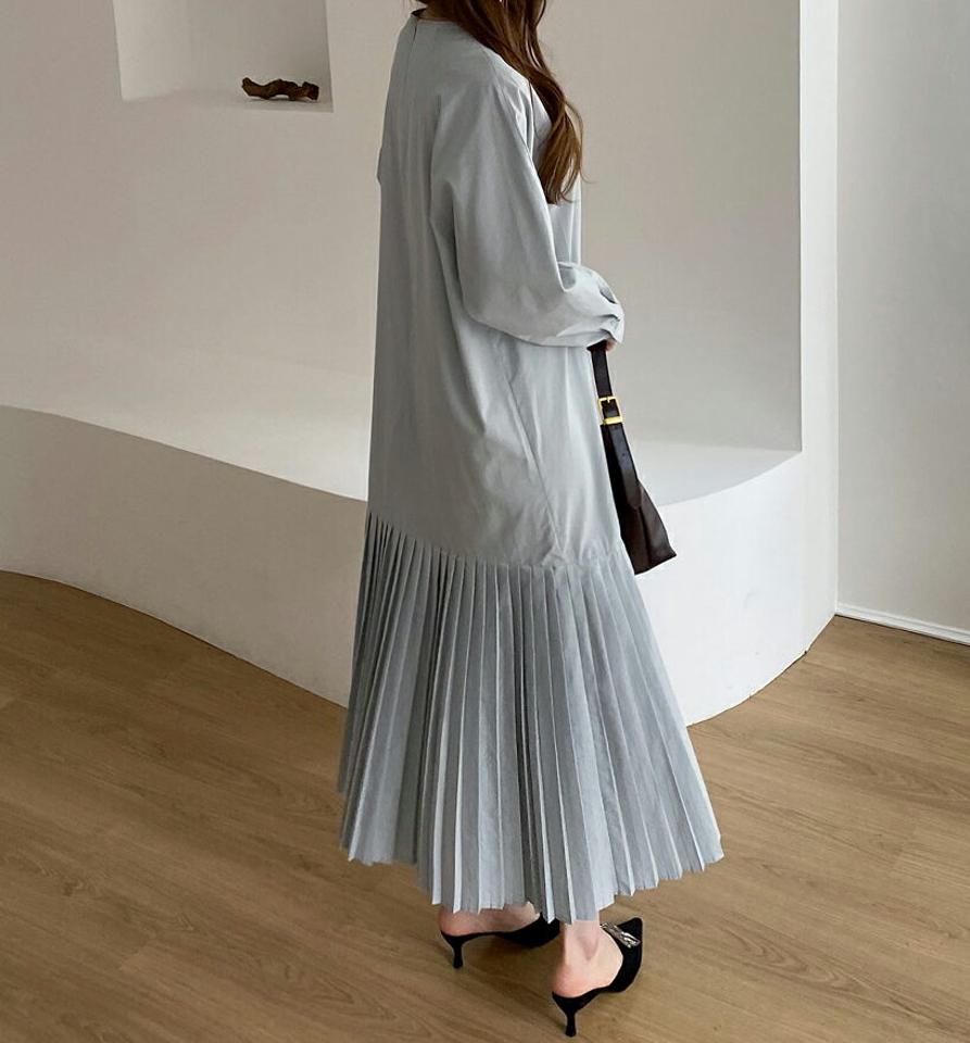 【只今10%OFF】【送料無料】ロングプリーツヘムワンピース・全2色・t66957 レディース 【ops】【ワンピース ロング ロングワンピース 長袖 プリーツワンピース プリーツ 単色 無地 シンプル フェミニン 揺れ感 体型カバー 秋 冬 韓国 ファッション】【ハイホリHIHOLLI】
