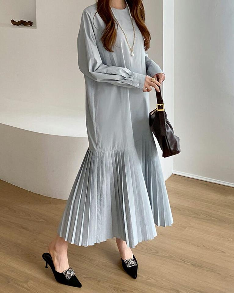 【只今10%OFF】【送料無料】ロングプリーツヘムワンピース・全2色・t66957 レディース 【ops】【ワンピース ロング ロングワンピース 長袖 プリーツワンピース プリーツ 単色 無地 シンプル フェミニン 揺れ感 体型カバー 秋 冬 韓国 ファッション】【ハイホリHIHOLLI】