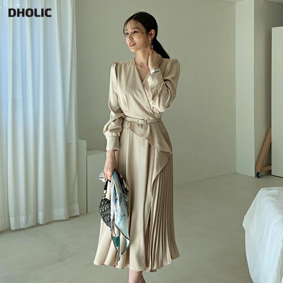 【送料無料】ベルト付ラッフルプリーツワンピース・全2色・b66921 レディース 【ops】 ワンピース ロング ロングワンピース 長袖 プリーツ プリーツワンピース ラッフル フリル ベルト フェミニン 結婚式 秋 冬 韓国ファッション ハイホリHIHOLLI