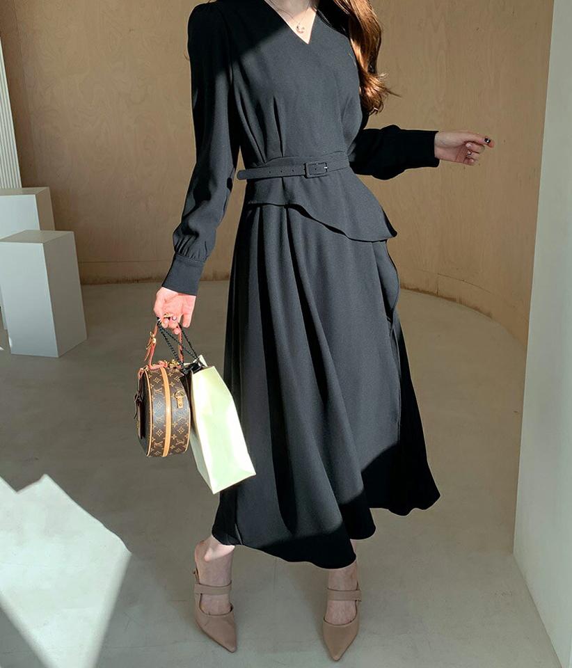 【送料無料】ベルト付ラッフルプリーツワンピース・全2色・b66921 レディース 【ops】 ワンピース ロング ロングワンピース 長袖 プリーツ プリーツワンピース ラッフル フリル ベルト フェミニン 結婚式 秋 冬 韓国ファッション ハイホリHIHOLLI