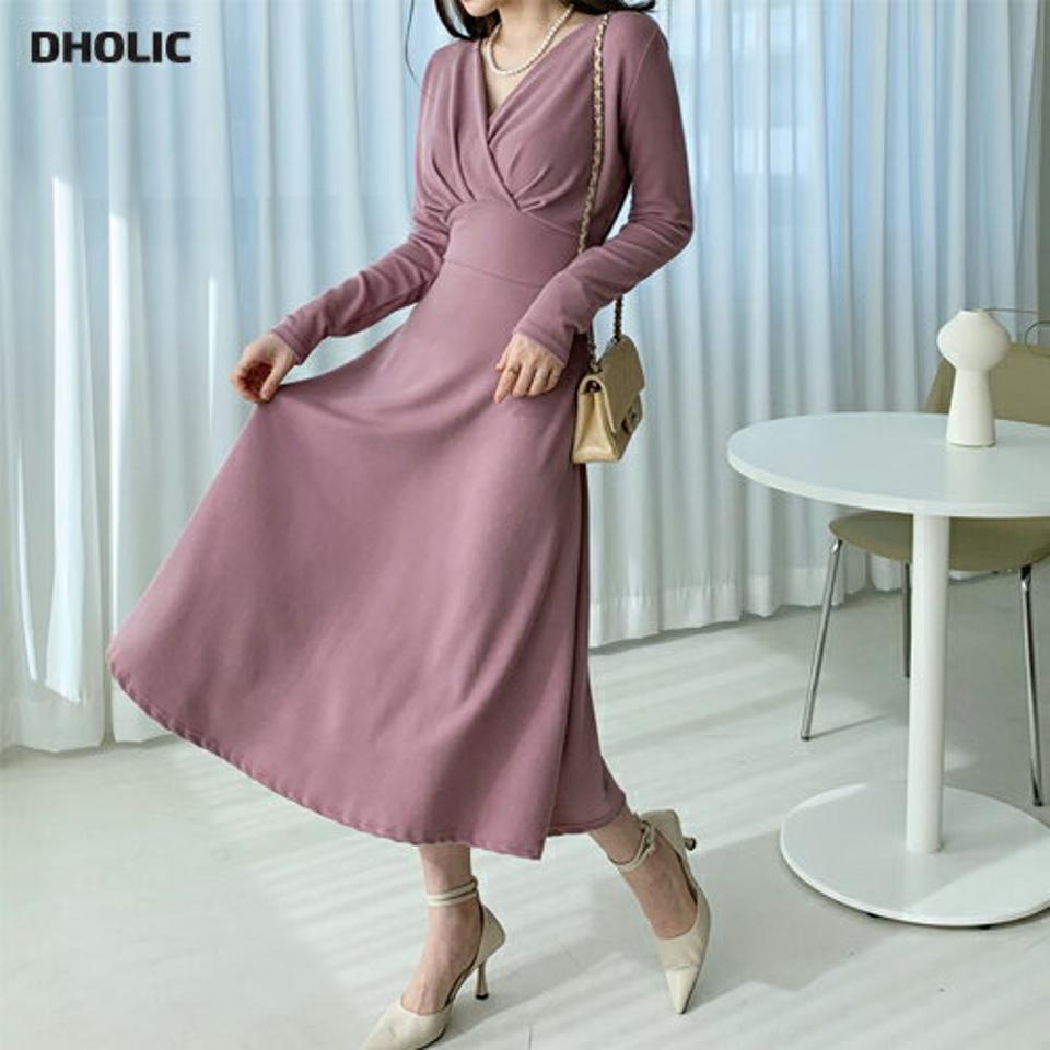 ≪人気商品再入荷≫Vネックカシュクールワンピース・全3色・b66920 レディース 【ops】 ワンピース ロング丈 長袖 カシュクール カラーアイテム Vネック 大人 上品 きれいめ 結婚式 デート 雰囲気 秋 冬 韓国ファッション ハイホリHIHOLLI