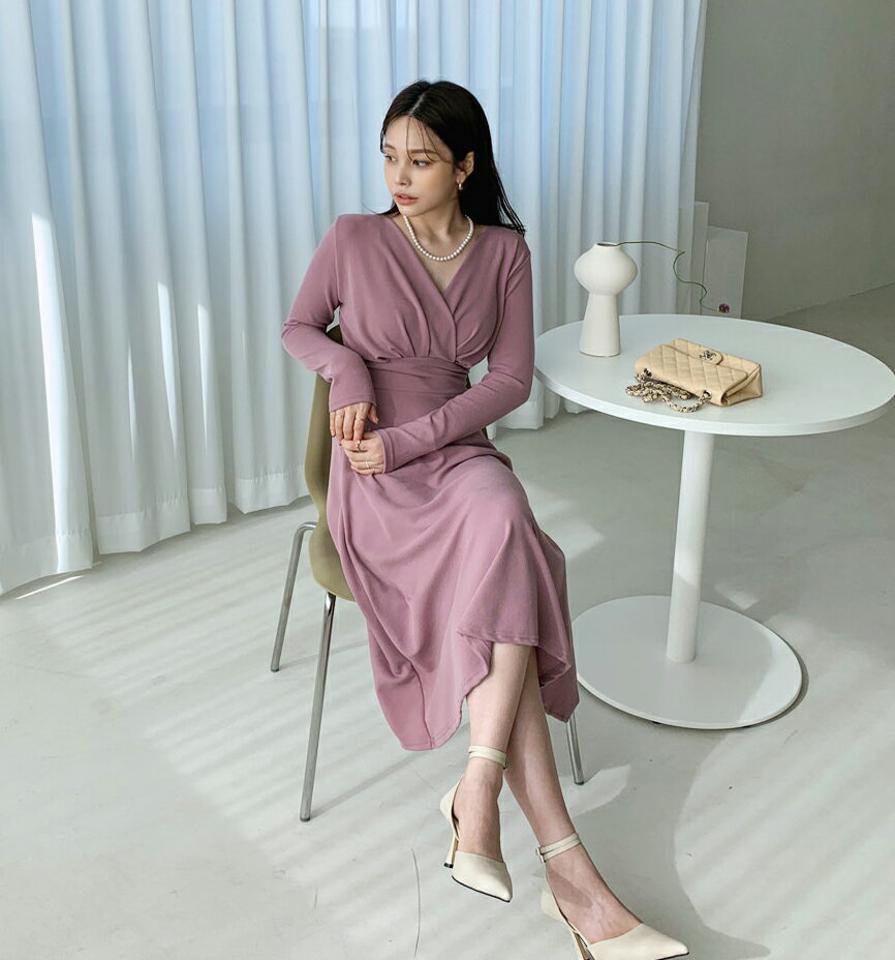 ≪人気商品再入荷≫Vネックカシュクールワンピース・全3色・b66920 レディース 【ops】 ワンピース ロング丈 長袖 カシュクール カラーアイテム Vネック 大人 上品 きれいめ 結婚式 デート 雰囲気 秋 冬 韓国ファッション ハイホリHIHOLLI