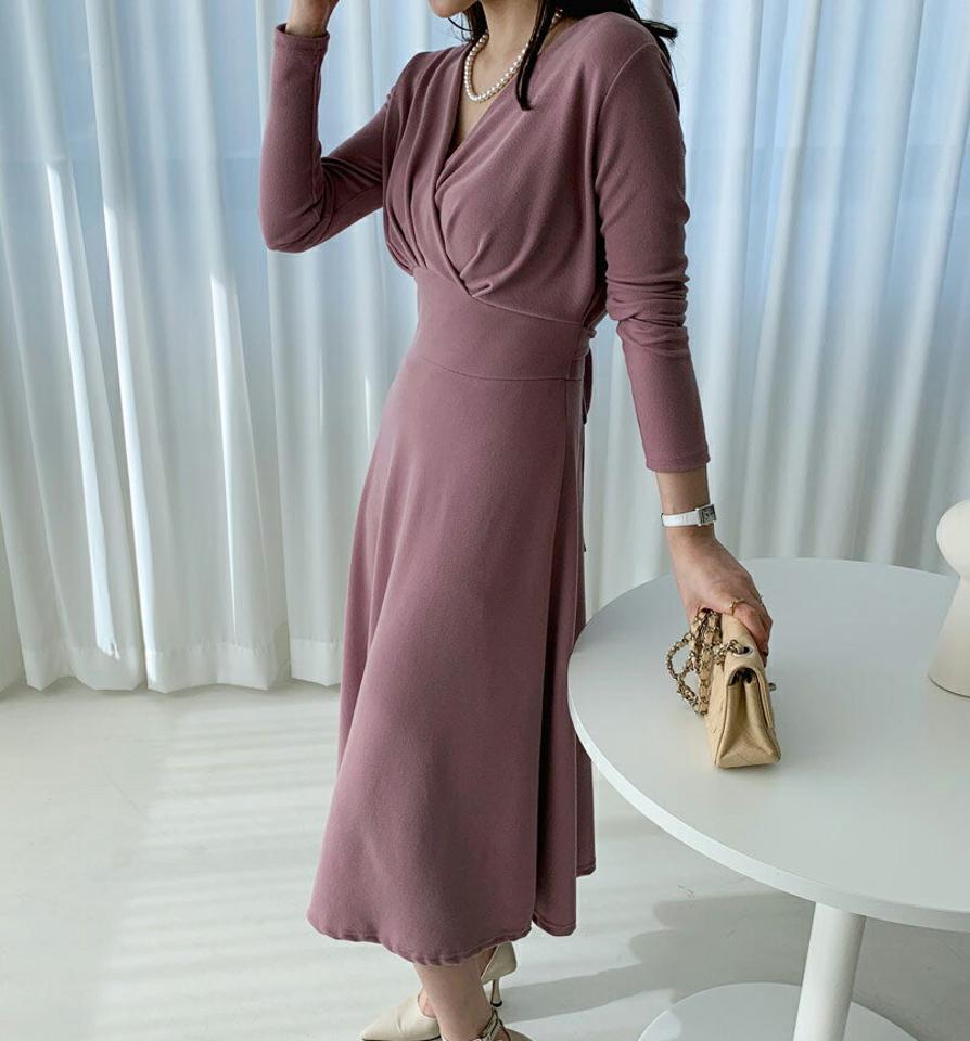 ≪人気商品再入荷≫Vネックカシュクールワンピース・全3色・b66920 レディース 【ops】 ワンピース ロング丈 長袖 カシュクール カラーアイテム Vネック 大人 上品 きれいめ 結婚式 デート 雰囲気 秋 冬 韓国ファッション ハイホリHIHOLLI