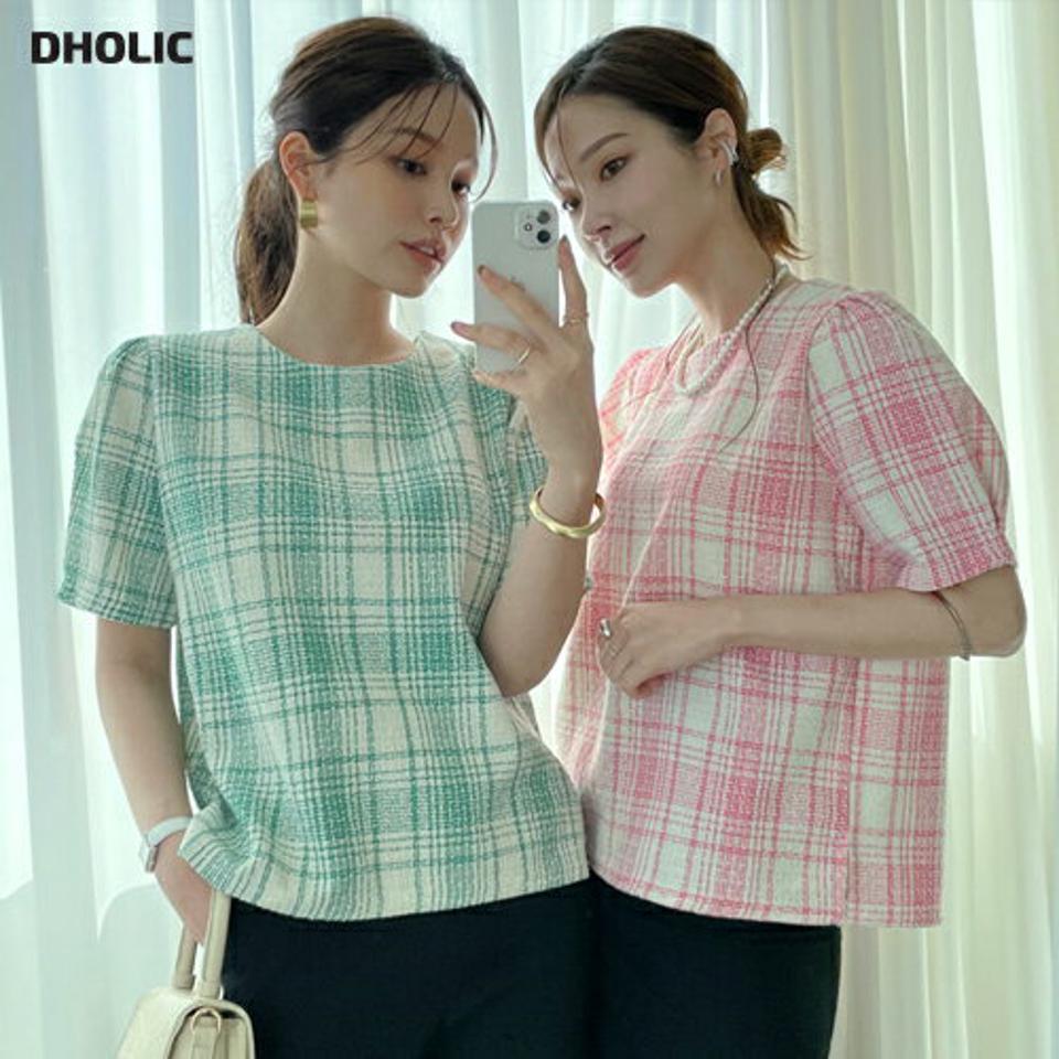 チェック半袖ブラウス・全3色・b66914 レディース 【bl】【トップス ブラウス 半袖 チェック チェック柄 ギャザー 大人 上品 アンバランス きれいめ ハーフスリーブ 春 夏 秋 韓国 ファッション】【ハイホリHIHOLLI】