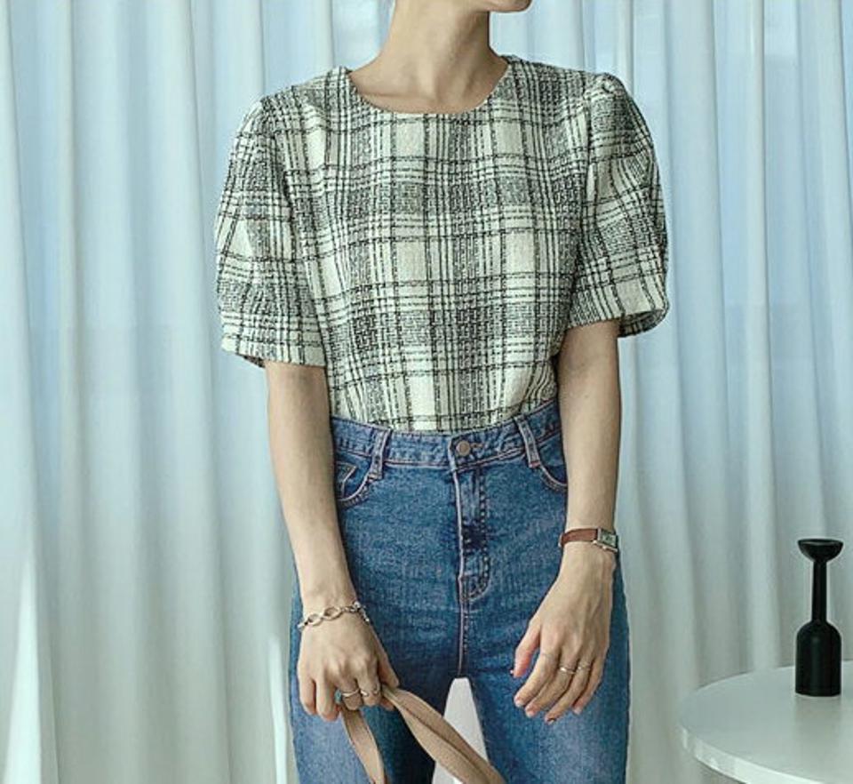 チェック半袖ブラウス・全3色・b66914 レディース 【bl】【トップス ブラウス 半袖 チェック チェック柄 ギャザー 大人 上品 アンバランス きれいめ ハーフスリーブ 春 夏 秋 韓国 ファッション】【ハイホリHIHOLLI】