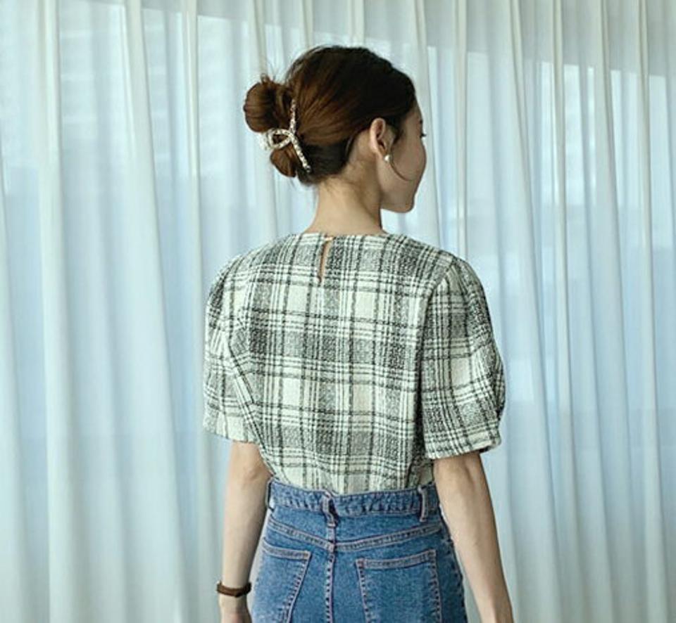 チェック半袖ブラウス・全3色・b66914 レディース 【bl】【トップス ブラウス 半袖 チェック チェック柄 ギャザー 大人 上品 アンバランス きれいめ ハーフスリーブ 春 夏 秋 韓国 ファッション】【ハイホリHIHOLLI】