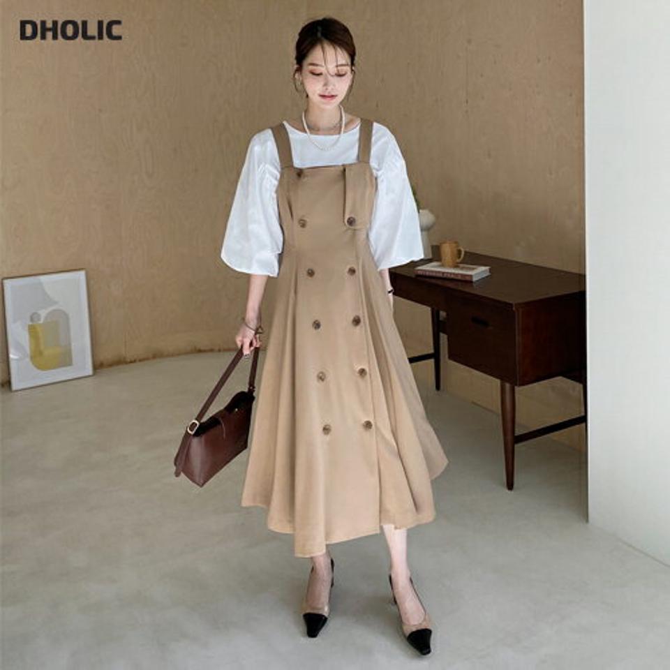 【送料無料】スクエアネックダブルボタンワンピース・全2色・b66918 レディース 【ops】【ワンピース ロング ロングワンピース スリーブレス ノースリーブ レイヤード スクエアネック 大人 可愛い かわいい 秋 冬 韓国 ファッション】【ハイホリHIHOLLI】