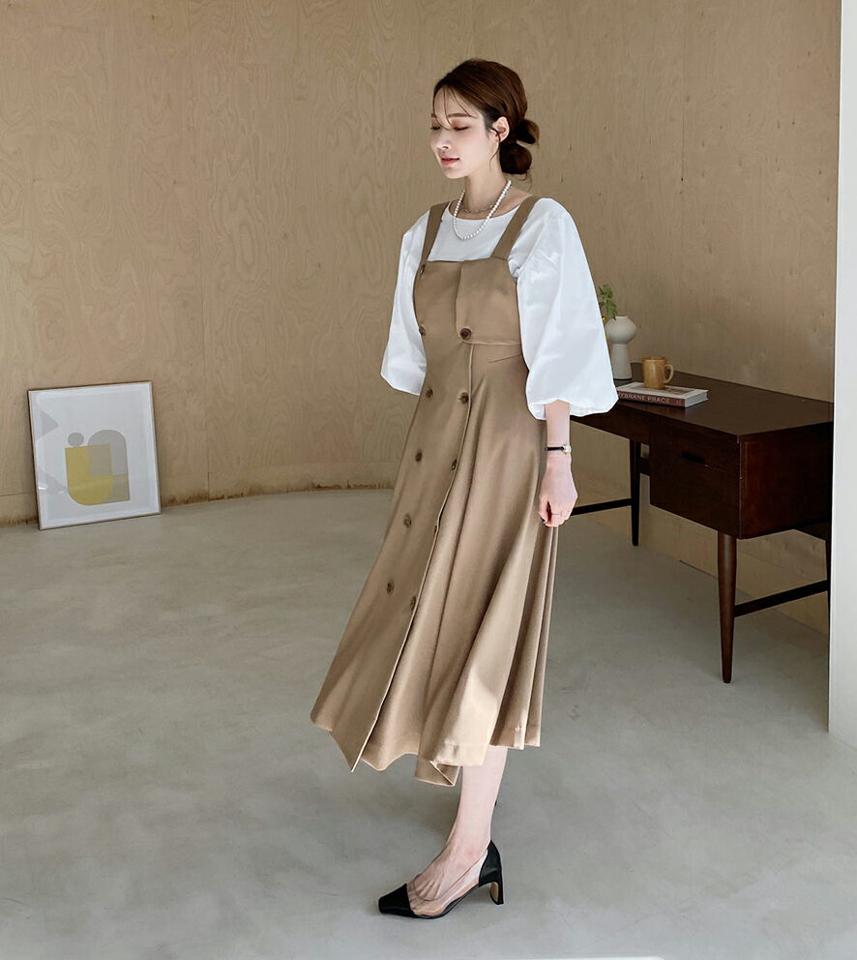 【送料無料】スクエアネックダブルボタンワンピース・全2色・b66918 レディース 【ops】【ワンピース ロング ロングワンピース スリーブレス ノースリーブ レイヤード スクエアネック 大人 可愛い かわいい 秋 冬 韓国 ファッション】【ハイホリHIHOLLI】