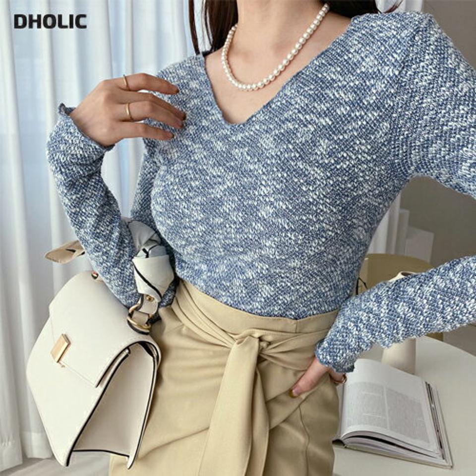 メランジVネックニット・全3色・t66911 レディース 【tops】【トップス ニット ニットトップス 長袖 Vネック メランジ デコルテ 鎖骨 きれいめ ウェーブ 秋 冬 韓国 ファッション】【ハイホリHIHOLLI】
