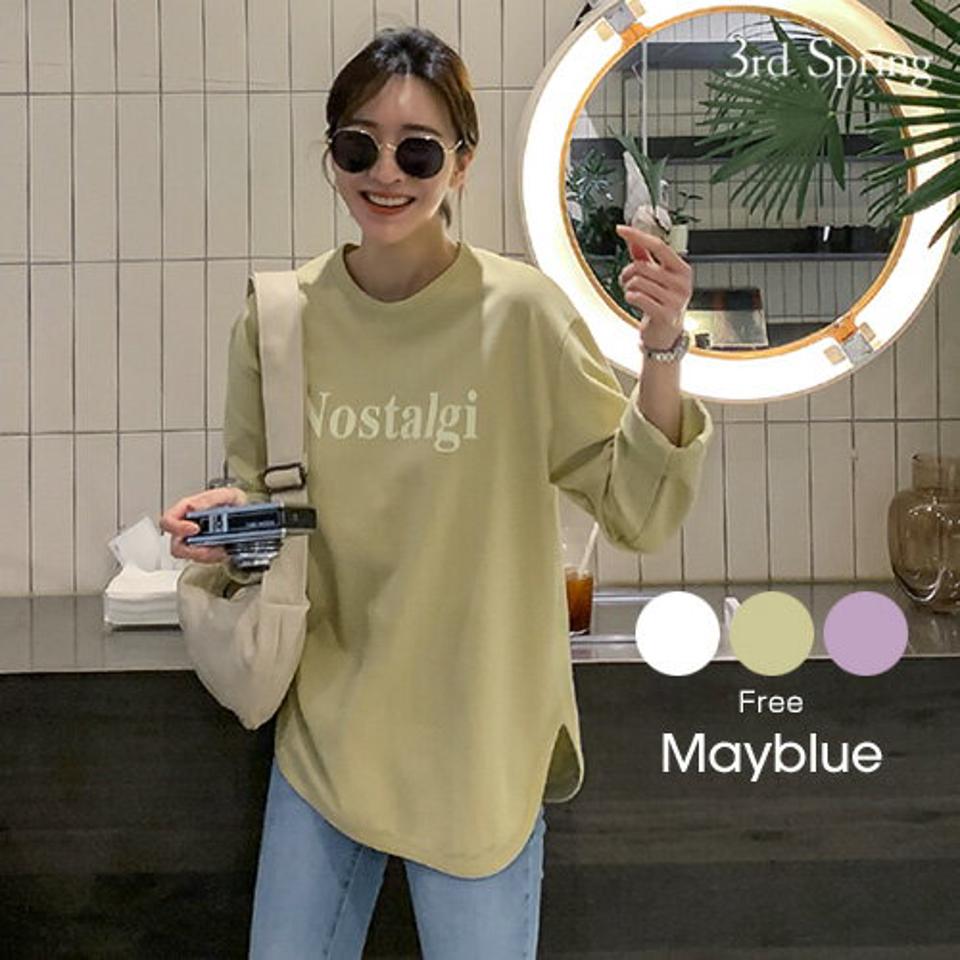 MAYBLUE(メイブルー)レタードラウンドヘム長袖Tシャツ【2/19up_go】ロンT　英字ロゴ　英字プリント　サイドスリット　長袖　シンプル　ベーシック　メッセージ【5】 ☆