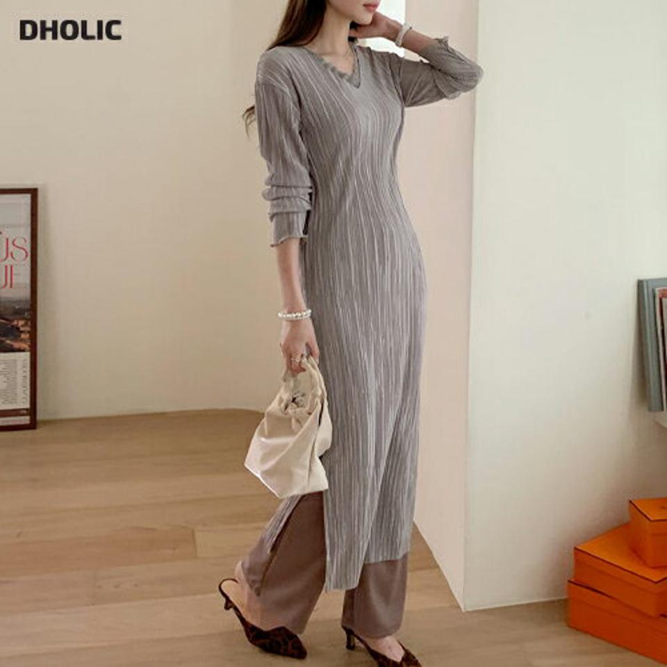 Vネックプリーツワンピース・全5色・t67051 レディース 【ops】【ワンピース ロング ロングワンピース プリーツ プリーツワンピース Vネック 長袖 上品 秋 冬 韓国 ファッション】【ハイホリHIHOLLI】