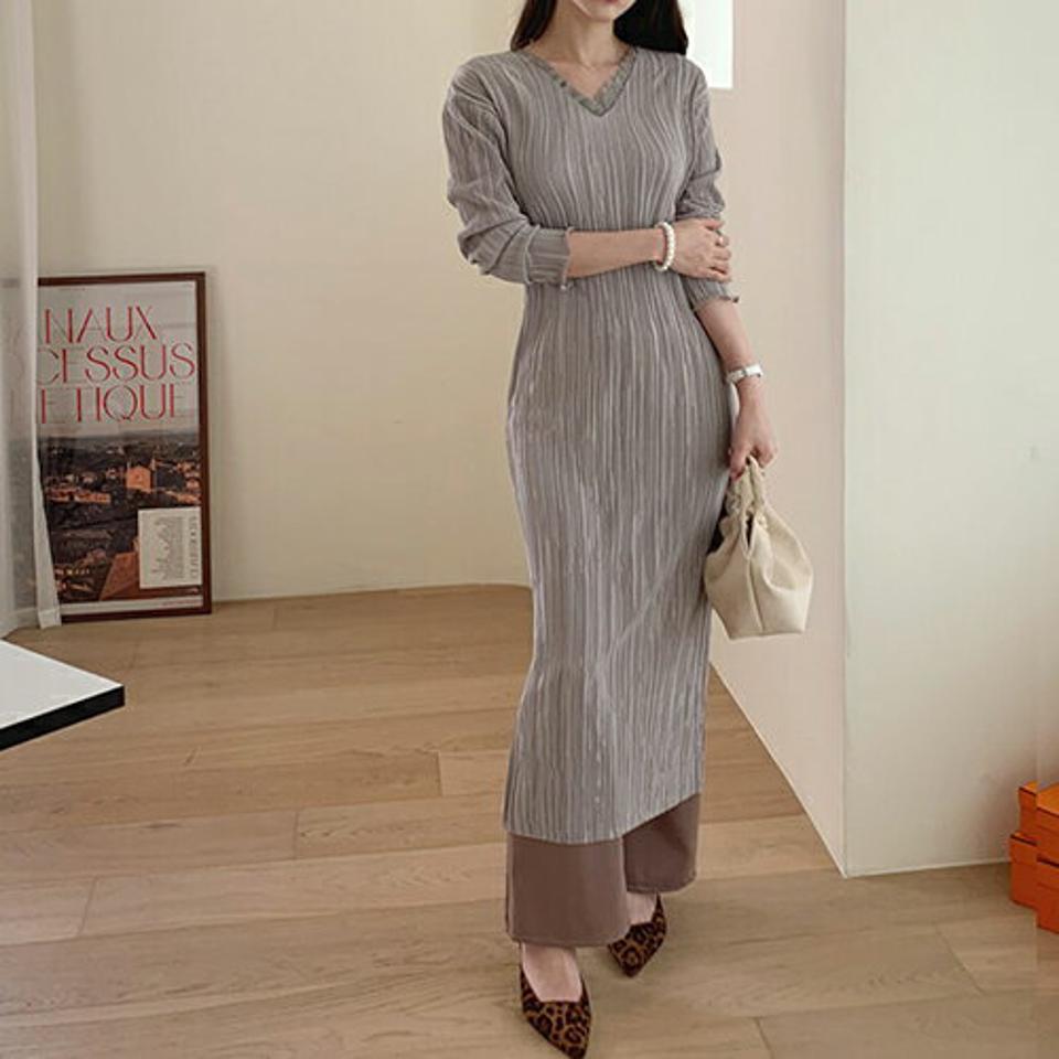 Vネックプリーツワンピース・全5色・t67051 レディース 【ops】【ワンピース ロング ロングワンピース プリーツ プリーツワンピース Vネック 長袖 上品 秋 冬 韓国 ファッション】【ハイホリHIHOLLI】