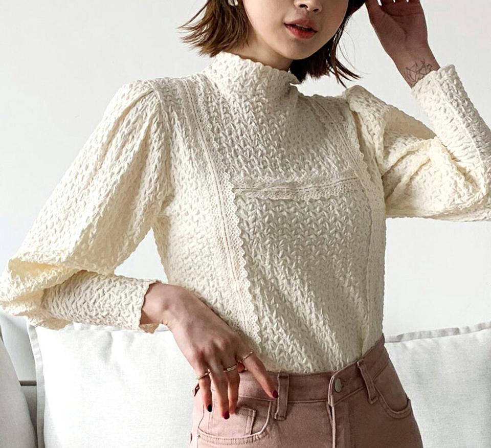 レースラインリンクルブラウス・全2色・e56906 レディース 【bl】 韓国ファッション トップス ブラウス 長袖 上品 春 リンクル 刺繍 レース ハーフネック ボリューム フェミニン カジュアル デイリー ボリュームスリーブ 秋 冬