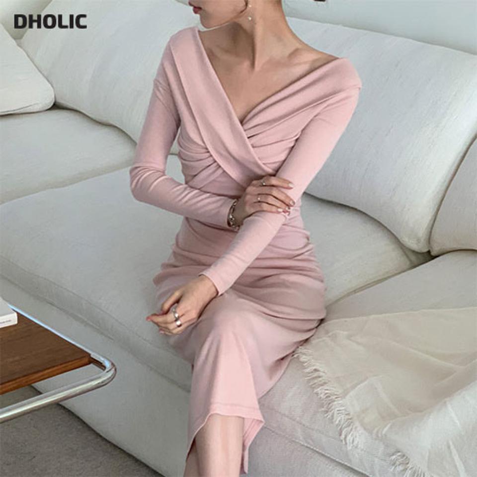 Vネックツイストワンピース・全2色・t67052 レディース 【ops】【ワンピース ミディ丈 ミディワンピース 長袖 ツイスト Vネック 単色 無地 シンプル フェミニン きれいめ 秋 冬 韓国 ファッション】【ハイホリHIHOLLI】