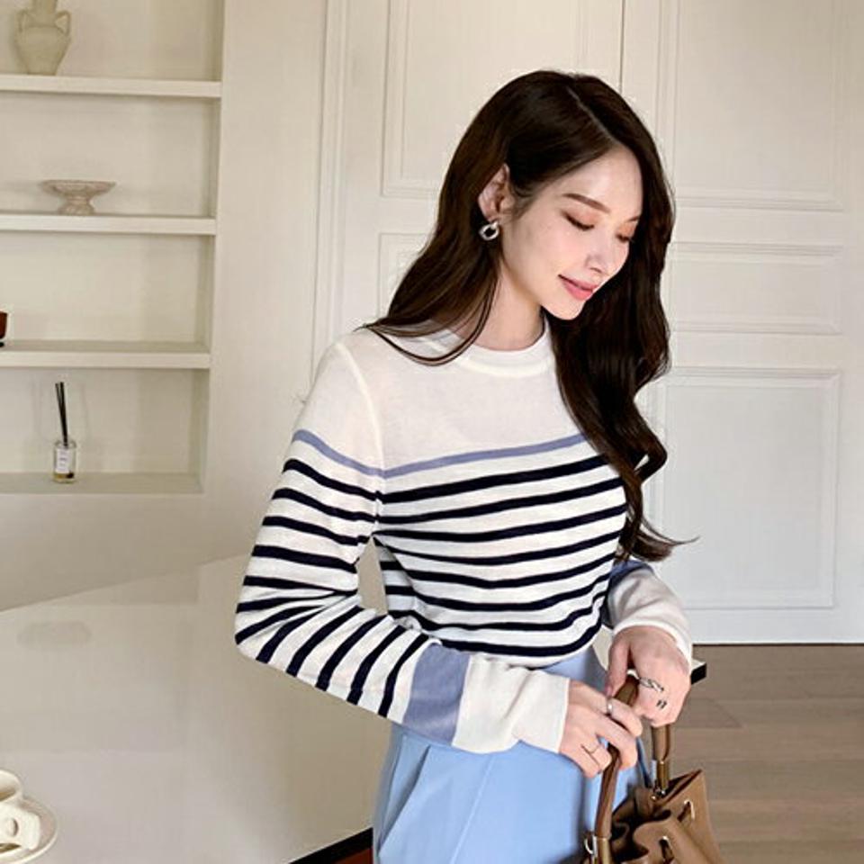 配色ボーダーニット・全3色・b67044 レディース 【tops】【トップス ニット ニットトップス ボーダー柄 長袖 配色 大人 カジュアル 秋 冬 韓国 ファッション】【ハイホリHIHOLLI】