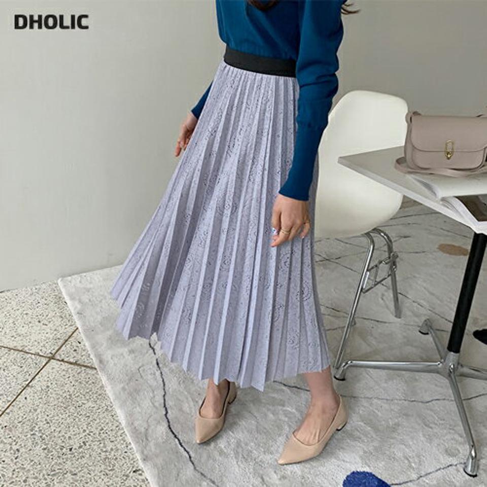 ペイズリーレースプリーツスカート・全4色・b64985 レディース 【sk】【韓国 ファッション ボトムス スカート ロング ロングスカート 透け感 レース プリーツ フレア ウエストゴム ペイズリー柄 カジュアル 体型カバー フェミニン デイリー 秋 冬】