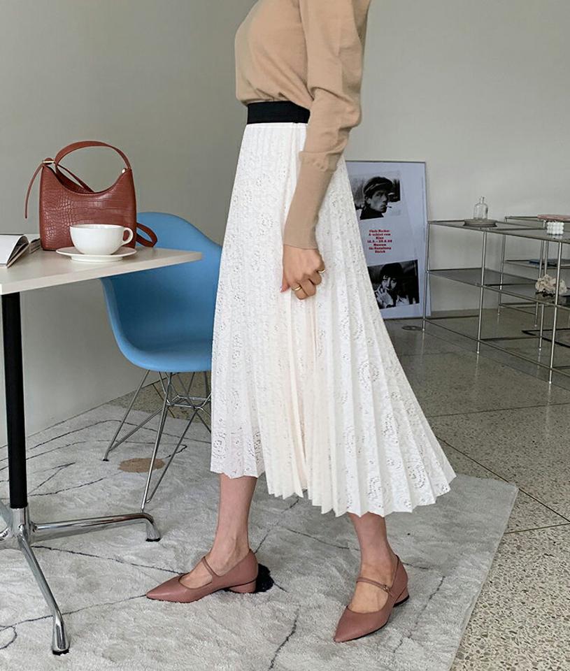 ペイズリーレースプリーツスカート・全4色・b64985 レディース 【sk】【韓国 ファッション ボトムス スカート ロング ロングスカート 透け感 レース プリーツ フレア ウエストゴム ペイズリー柄 カジュアル 体型カバー フェミニン デイリー 秋 冬】