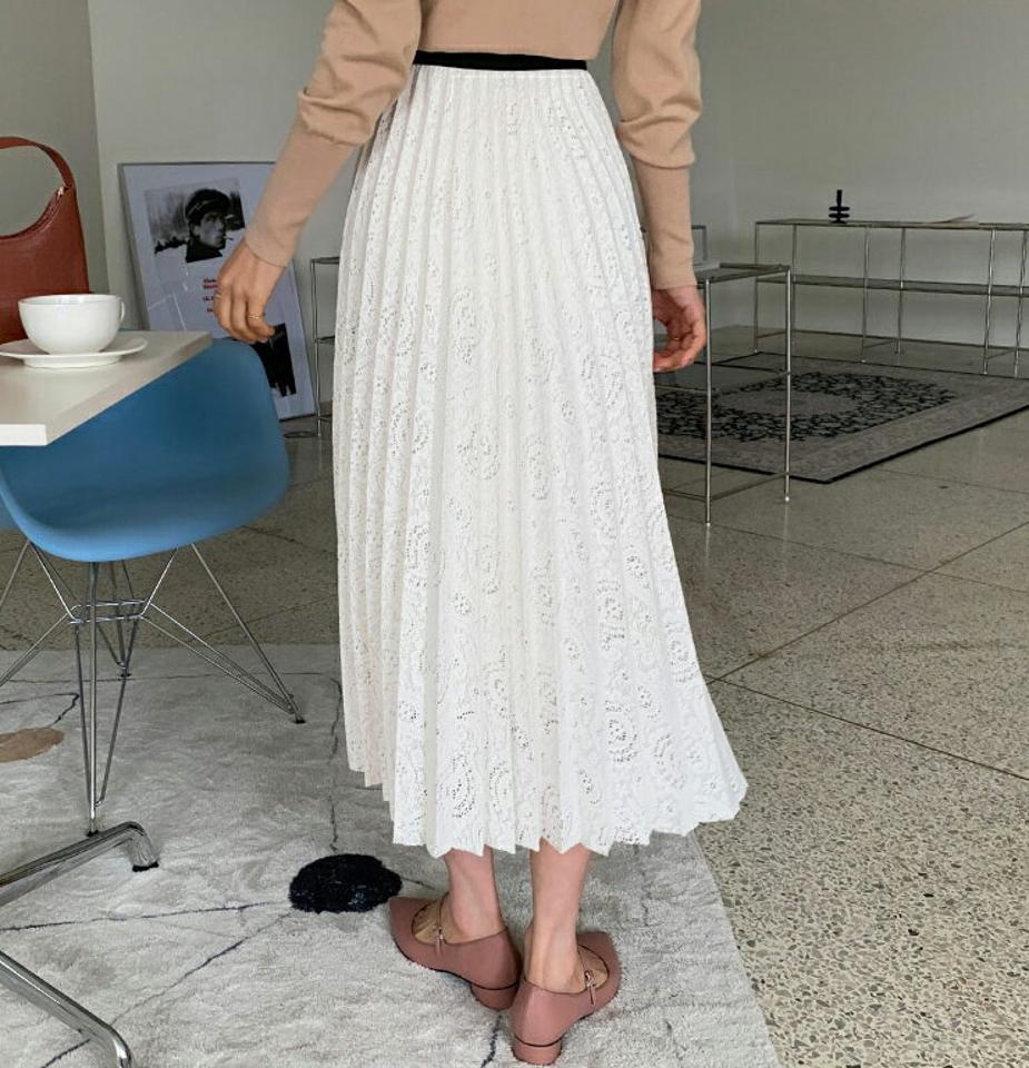 ペイズリーレースプリーツスカート・全4色・b64985 レディース 【sk】【韓国 ファッション ボトムス スカート ロング ロングスカート 透け感 レース プリーツ フレア ウエストゴム ペイズリー柄 カジュアル 体型カバー フェミニン デイリー 秋 冬】