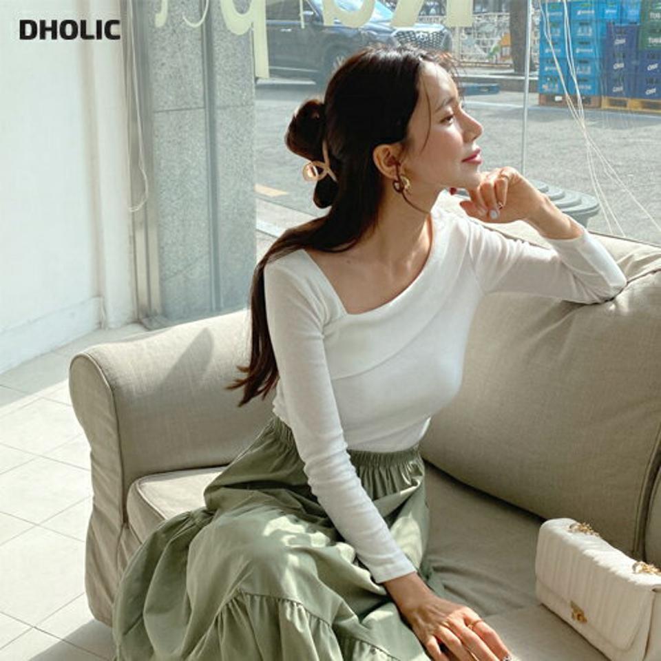 ダイアゴナルスリムTシャツ・全4色・t64968 レディース 【tops】【韓国 ファッション トップス Tシャツ 長袖 スクエアネック ダイアゴナルネック リブ スリム フィット 細身 上品 体型カーバー デイリー 秋 冬】