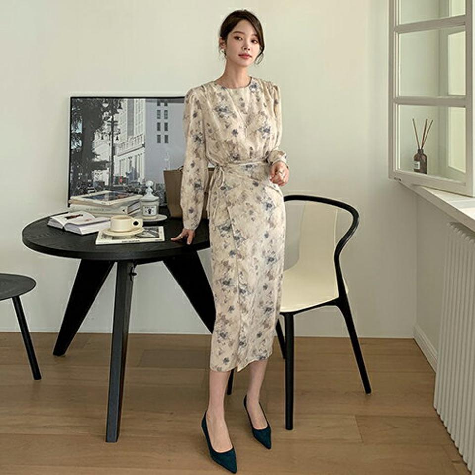 花柄ラップワンピース・全2色・67054 レディース 【ops】【ワンピース 長袖 ロング ロングワンピース 花柄 フラワー ラップワンピース ラップデザイン フェミニン 大人 きれいめ 秋 冬 韓国 ファッション】【ハイホリHIHOLLI】