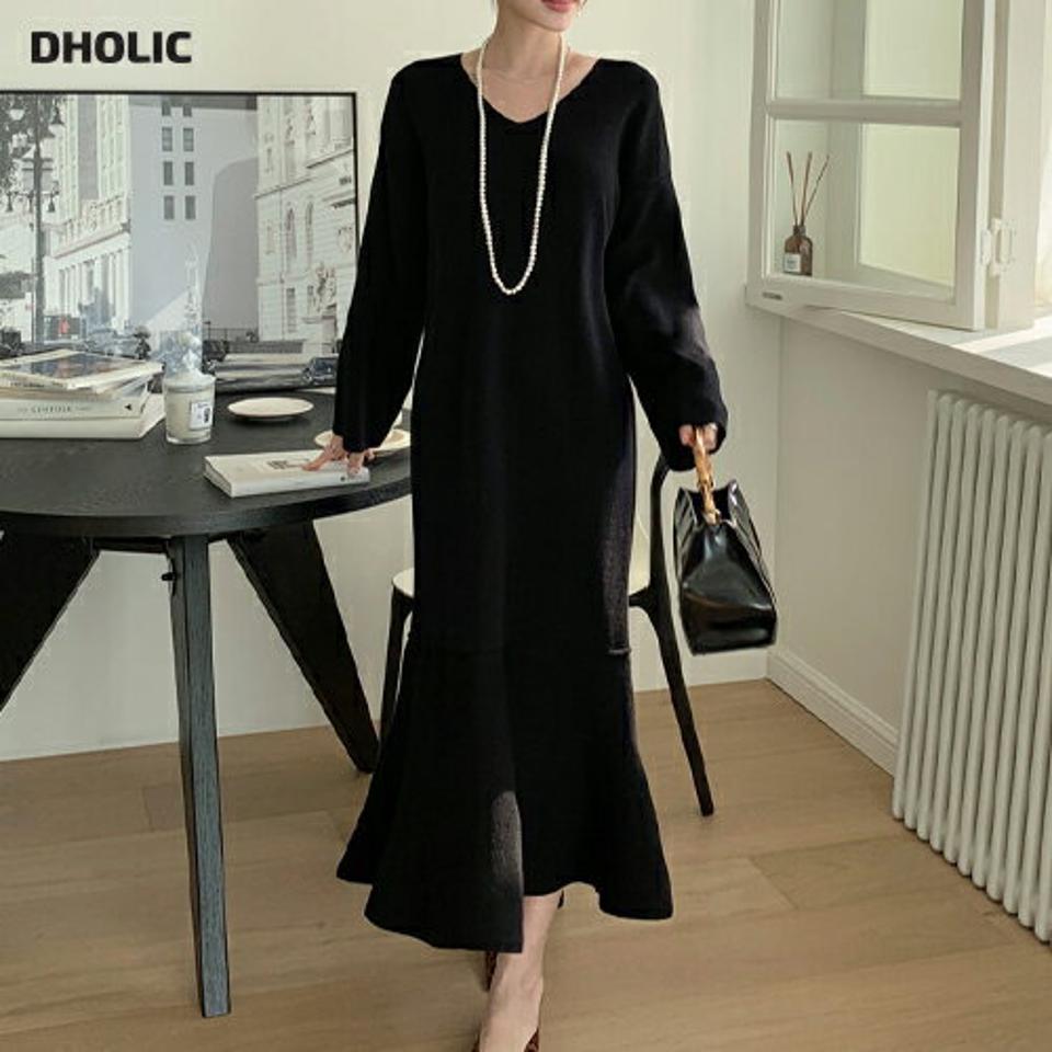 フレアへムニットワンピース・全2色・t67056 レディース 【ops】【ワンピース ロング ロングワンピース 長袖 フレア フレアワンピース ニット ニットワンピース 単色 無地 シンプル フェミニン 秋 冬 韓国 ファッション】【ハイホリHIHOLLI】