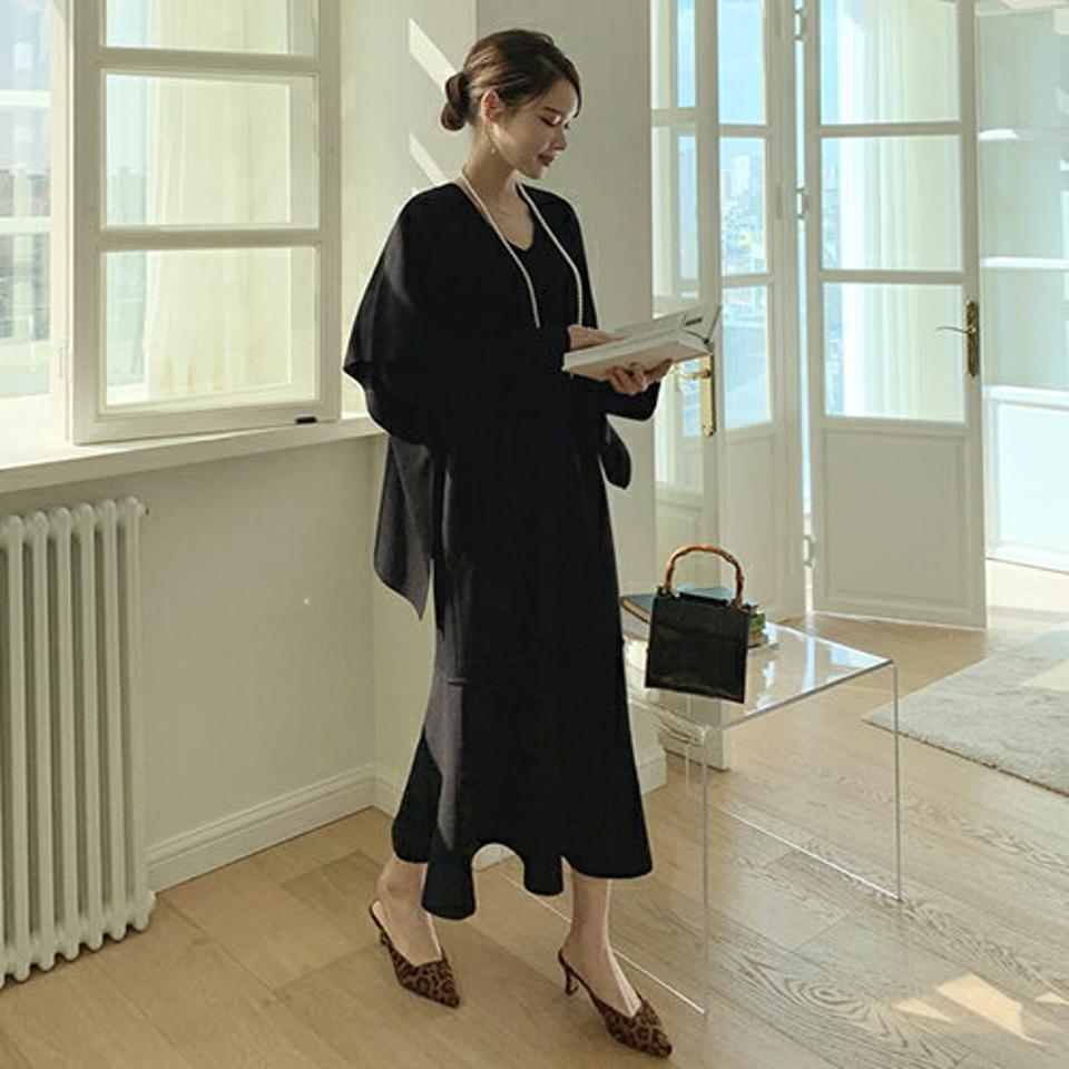 フレアへムニットワンピース・全2色・t67056 レディース 【ops】【ワンピース ロング ロングワンピース 長袖 フレア フレアワンピース ニット ニットワンピース 単色 無地 シンプル フェミニン 秋 冬 韓国 ファッション】【ハイホリHIHOLLI】