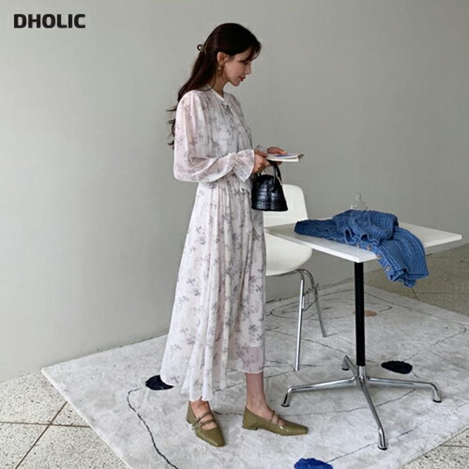 リボン花柄ワンピース・全3色・t64974 レディース 【ops】【韓国 ファッション ワンピース ロング ロングワンピース 花柄 ネックリボン ガーリー 揺れ感 シフォン パターン ストリング 細身 体型カバー 秋 冬】【fw】