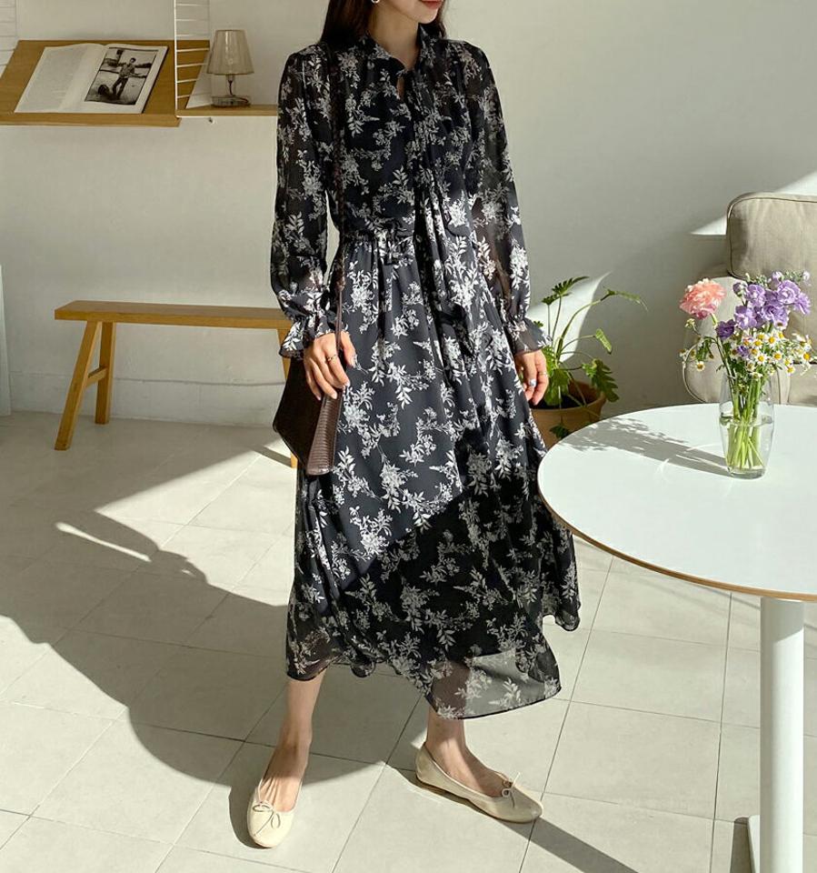 リボン花柄ワンピース・全3色・t64974 レディース 【ops】【韓国 ファッション ワンピース ロング ロングワンピース 花柄 ネックリボン ガーリー 揺れ感 シフォン パターン ストリング 細身 体型カバー 秋 冬】【fw】