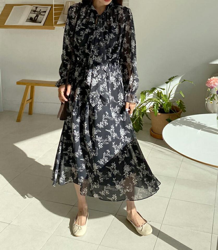 リボン花柄ワンピース・全3色・t64974 レディース 【ops】【韓国 ファッション ワンピース ロング ロングワンピース 花柄 ネックリボン ガーリー 揺れ感 シフォン パターン ストリング 細身 体型カバー 秋 冬】【fw】