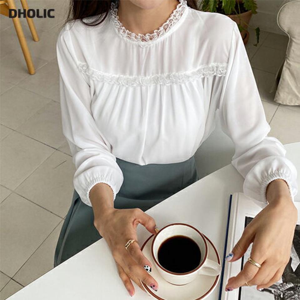 レースコントラストブラウス・全4色・t64973 レディース 【bl】【韓国 ファッション トップス ブラウス 長袖 上品 春 ラウンドネック レース コントラスト 体型カバー フェミニン カジュアル デイリー 秋 冬】