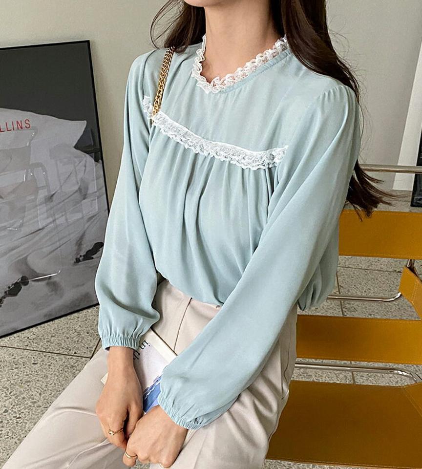 レースコントラストブラウス・全4色・t64973 レディース 【bl】【韓国 ファッション トップス ブラウス 長袖 上品 春 ラウンドネック レース コントラスト 体型カバー フェミニン カジュアル デイリー 秋 冬】