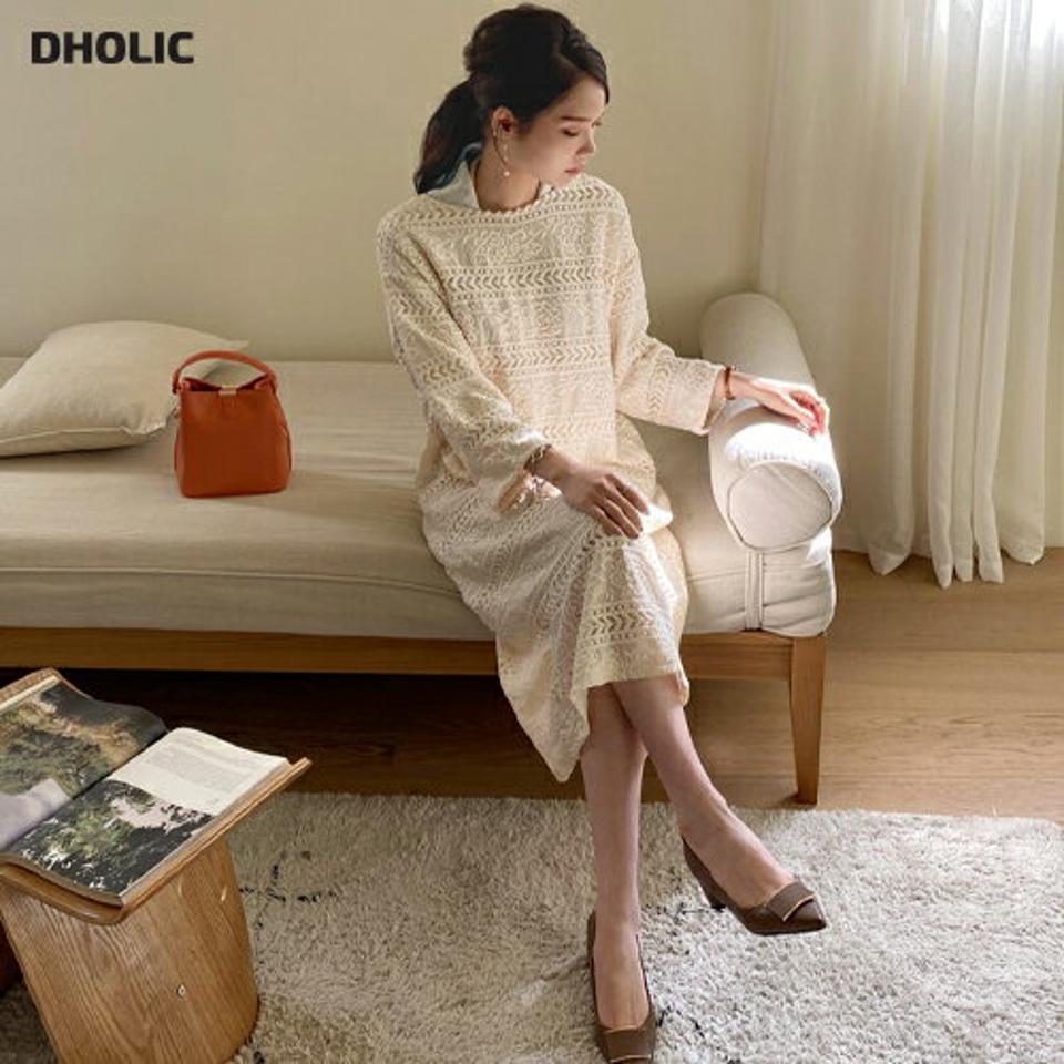 レースミディワンピース・全2色・b67050 レディース 【ops】【ワンピース ミディ丈 ミディワンピース 総レース レース フェミニン 長袖 半端丈 可愛い かわいい 大人 秋 冬 春 韓国 ファッション】【ハイホリHIHOLLI】