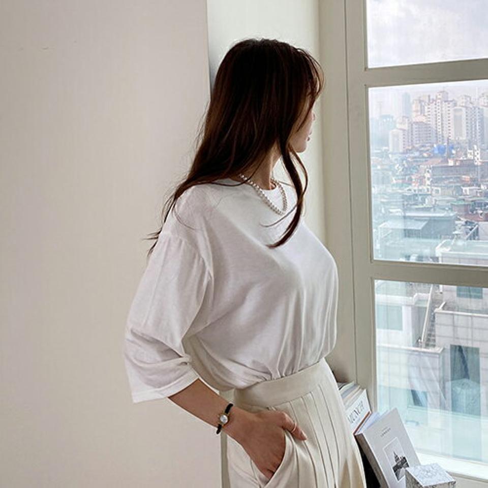 ルーズラウンドTシャツ・全4色・b67043 レディース 【tops】【トップス Tシャツ 七分丈 七分袖 7分丈 7分袖 ルーズ ゆったり 単色 無地 シンプル カジュアル ラフ 秋 冬 韓国 ファッション】【ハイホリHIHOLLI】【BT】