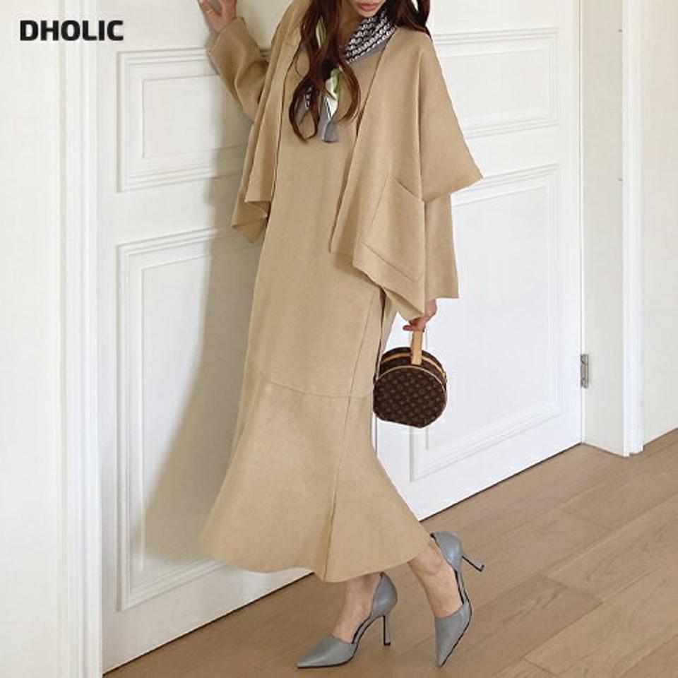 アンバランスニットカーディガン&フレアへムワンピースSET・全2色・t67059 レディース 【ops】【セットアップ setup カーディガン ニット ニットカーディガン アンバランス ワンピース フレア 単色 大人 秋 冬 韓国 ファッション】【ハイホリHIHOLLI】