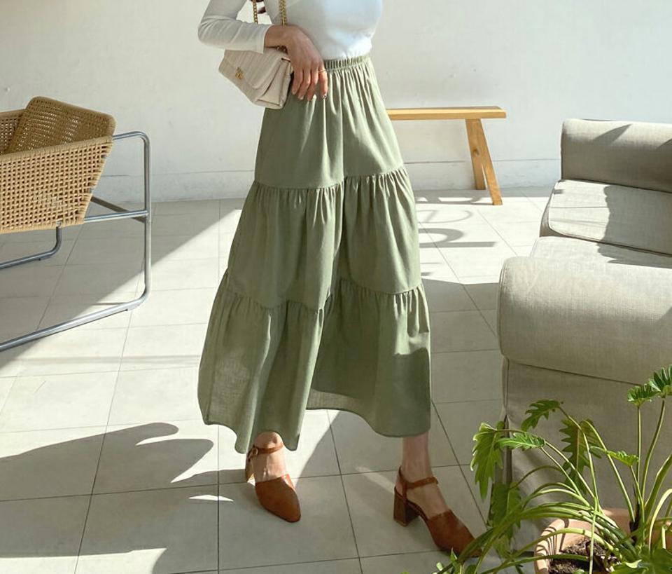 ティアードスカート・全4色・b64984 レディース 【sk】【韓国 ファッション ボトムス スカート ロング ロングスカート ティアード ウエストゴム Aライン カジュアル 体型カバー フェミニン デイリー 秋 冬】