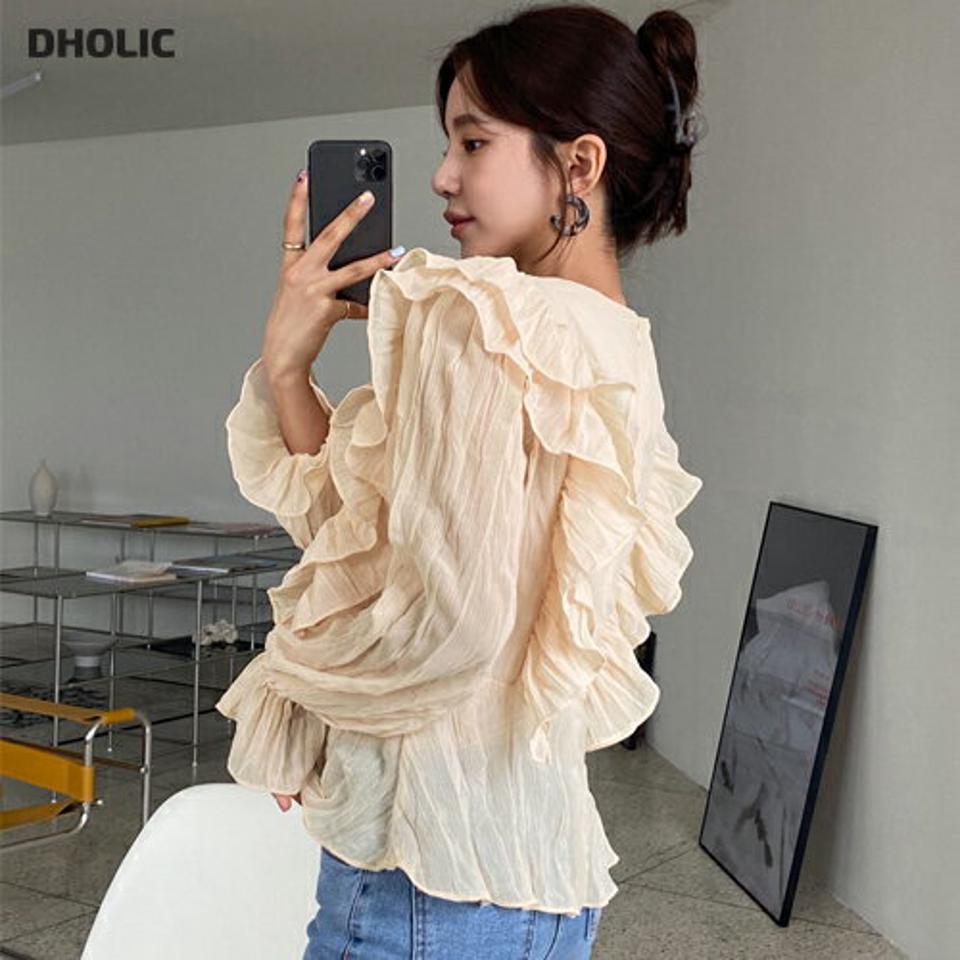 ラウンドフリルシアーブラウス・全3色・t64972 レディース 【bl】【韓国 ファッション トップス ブラウス 長袖 上品 ラウンドネック フリル シアーブラウス ロマンチック ボリューム 体型カバー フェミニン カジュアル デイリー 秋 春】