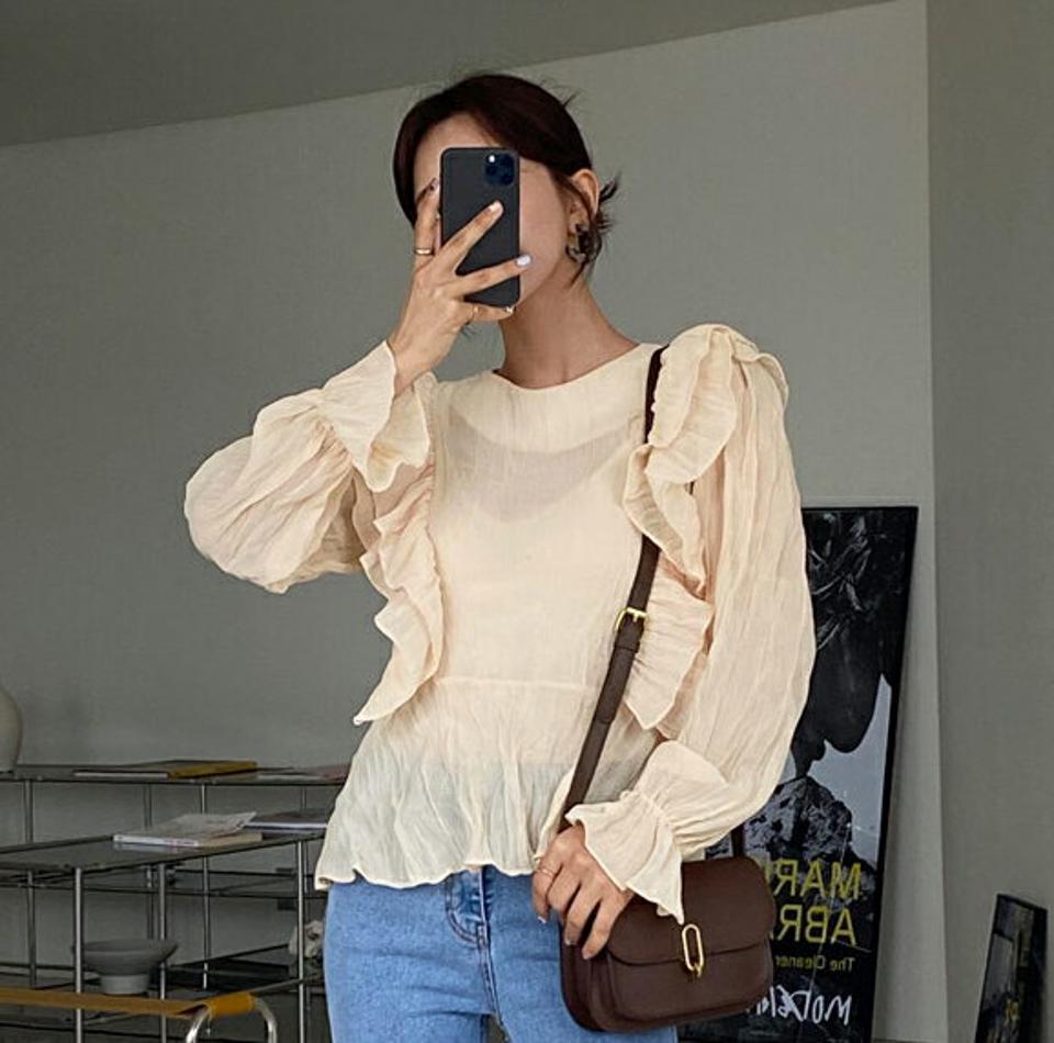 ラウンドフリルシアーブラウス・全3色・t64972 レディース 【bl】【韓国 ファッション トップス ブラウス 長袖 上品 ラウンドネック フリル シアーブラウス ロマンチック ボリューム 体型カバー フェミニン カジュアル デイリー 秋 春】