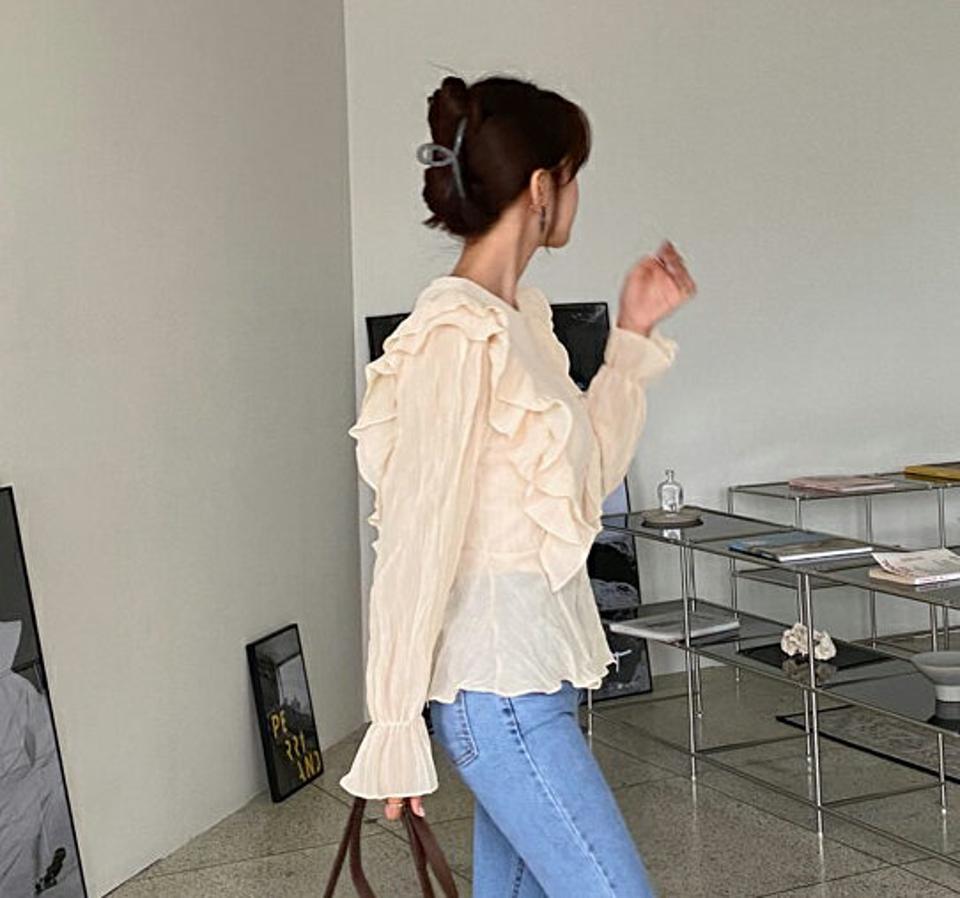 ラウンドフリルシアーブラウス・全3色・t64972 レディース 【bl】【韓国 ファッション トップス ブラウス 長袖 上品 ラウンドネック フリル シアーブラウス ロマンチック ボリューム 体型カバー フェミニン カジュアル デイリー 秋 春】