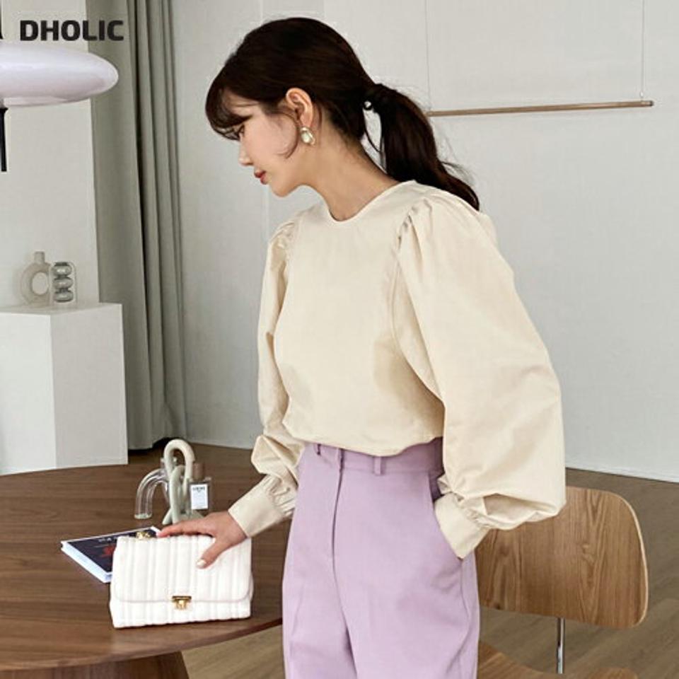 ラウンドパフブラウス・全2色・t62869 レディース 【bl】【韓国 ファッション トップス ブラウス 長袖 上品 春 パフスリーブ ギャザー ボリューム 体型カバー フェミニン カジュアル デイリー 秋 冬】