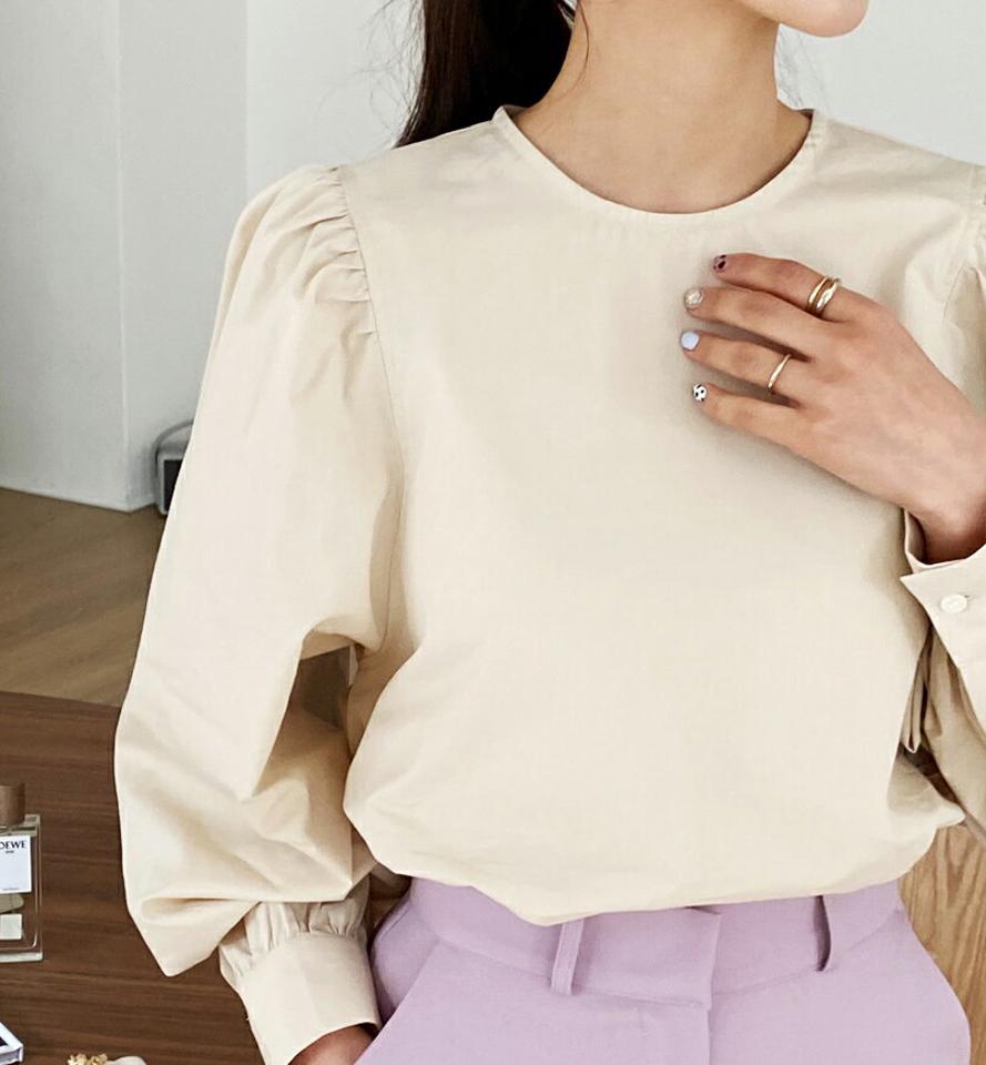 ラウンドパフブラウス・全2色・t62869 レディース 【bl】【韓国 ファッション トップス ブラウス 長袖 上品 春 パフスリーブ ギャザー ボリューム 体型カバー フェミニン カジュアル デイリー 秋 冬】
