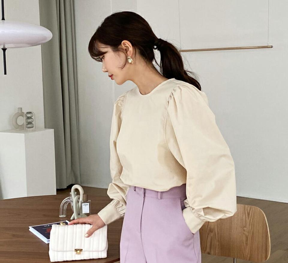 ラウンドパフブラウス・全2色・t62869 レディース 【bl】【韓国 ファッション トップス ブラウス 長袖 上品 春 パフスリーブ ギャザー ボリューム 体型カバー フェミニン カジュアル デイリー 秋 冬】