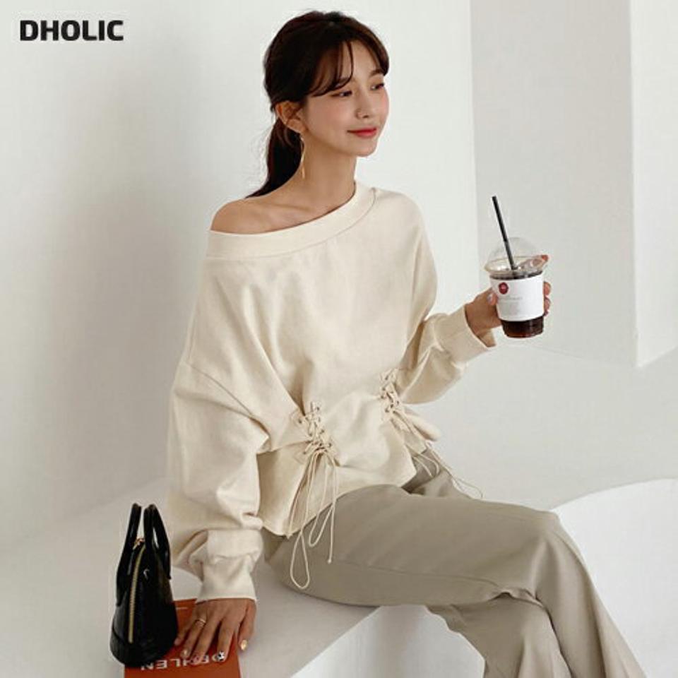 レースアップスウェット・全2色・t62909 レディース 【tops】【韓国 ファッション トップス Tシャツ スウェット 長袖 ボートネック 上品 レースアップ ルーズフィット クロップド丈 上品 体型カーバー デイリー 秋 冬】