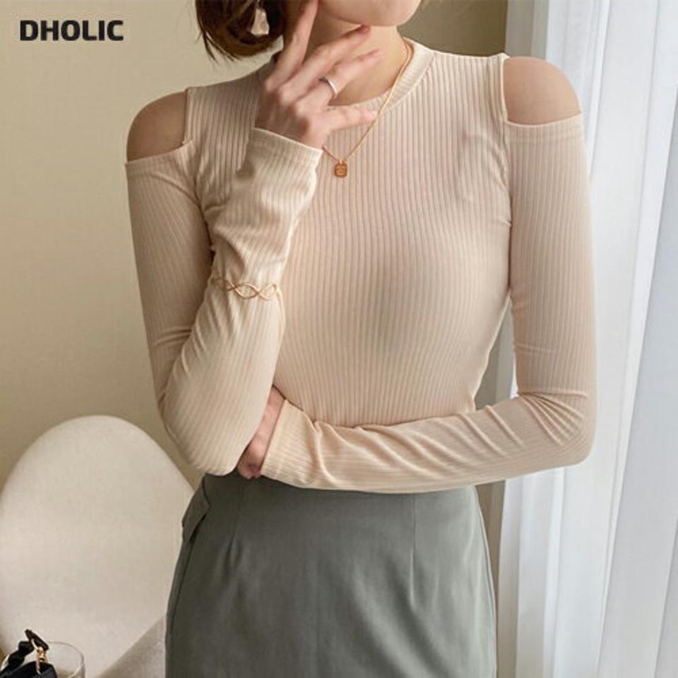 オープンショルダーTシャツ・全4色・t62863 レディース 【tops】【韓国 ファッション トップス Tシャツ 長袖 ぼわん袖 リブ ラウンドネック オープンショルダー スリム リブ 細身 フィット ベーシック カジュアル デイリー 秋 冬】